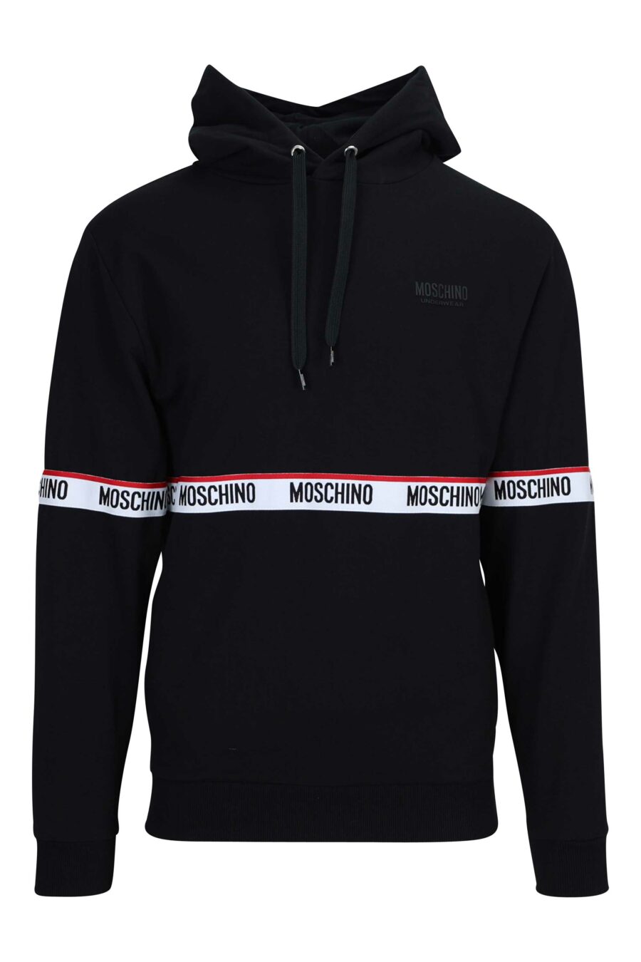 Black sweatshirt with hood and logo on central ribbon - 667113012506