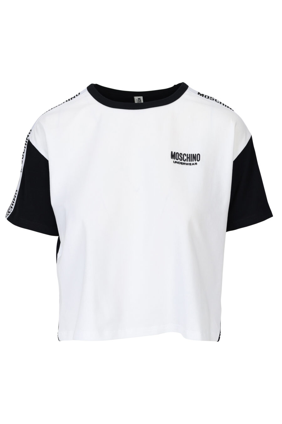 Weißes T-Shirt mit schwarzen Ärmeln und Rücken und Schleifenlogo - 667113062037