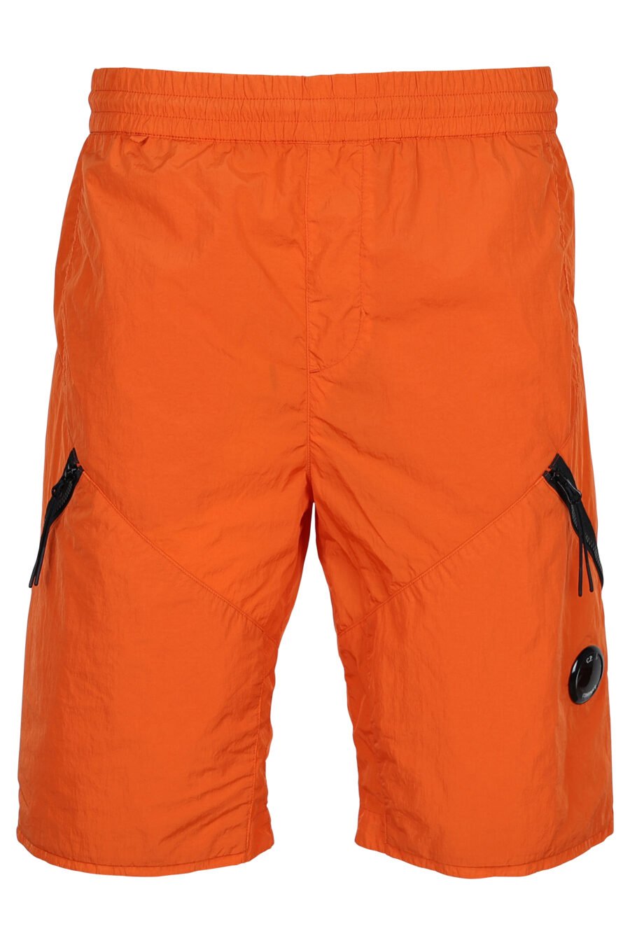 Orangefarbene Shorts mit diagonalem Reißverschluss und Linsenlogo - 7620943518290