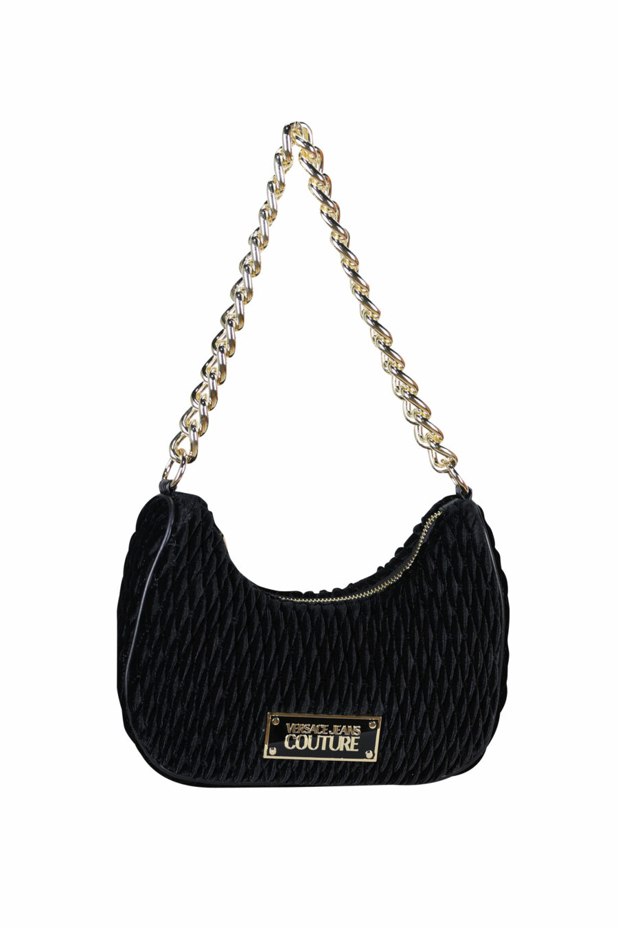 Black velvet hobo style shoulder bag with chain and logo plaque - 8052019408690