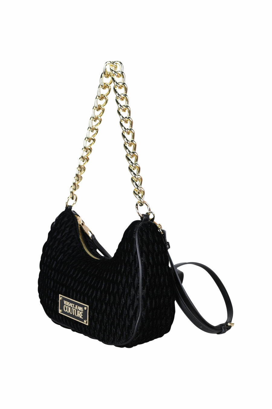 Black velvet hobo style shoulder bag with chain and logo plaque - 8052019408690 1