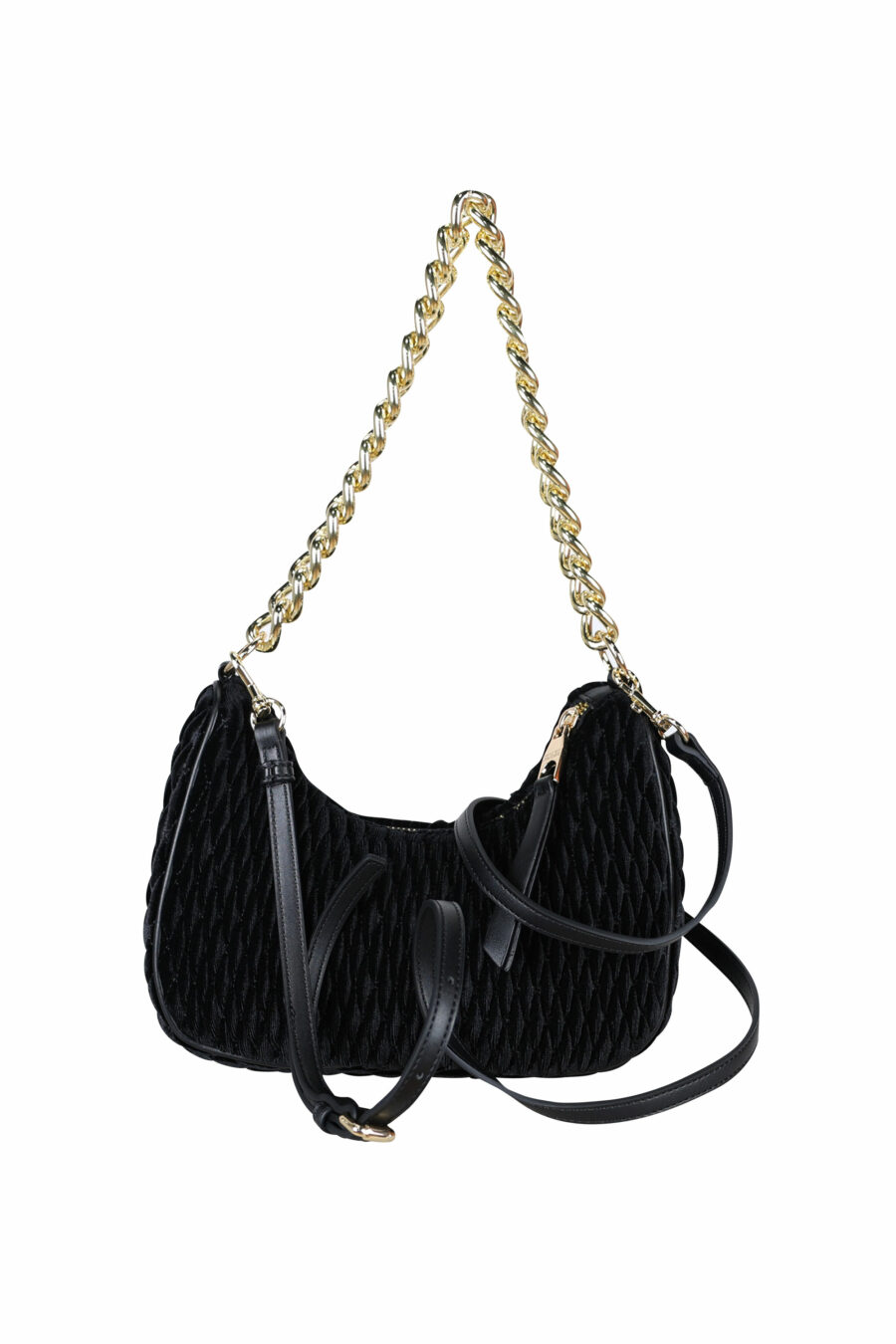Black velvet hobo style shoulder bag with chain and logo plaque - 8052019408690 2