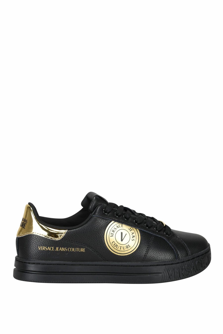 Black leather trainers with gold details and circular logo - 8052019453560