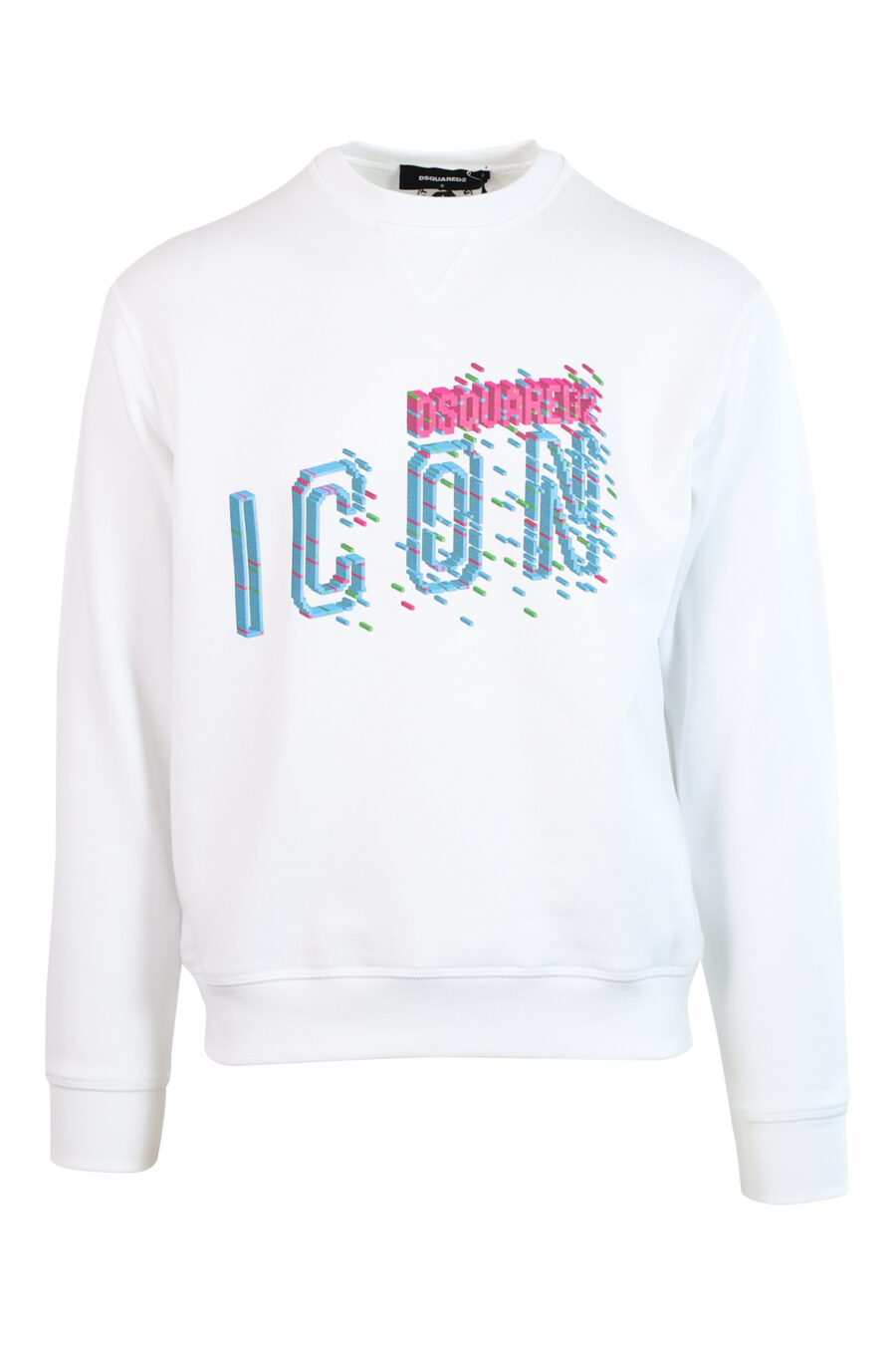 White sweatshirt with "icon pixeled" maxilogo in turquoise and fuchsia - 8052134982228