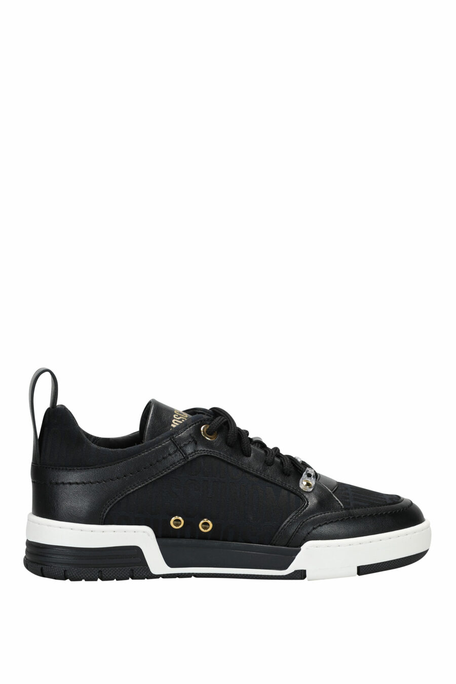 Black leather trainers with "all over logo" and white sole - 8054653835405