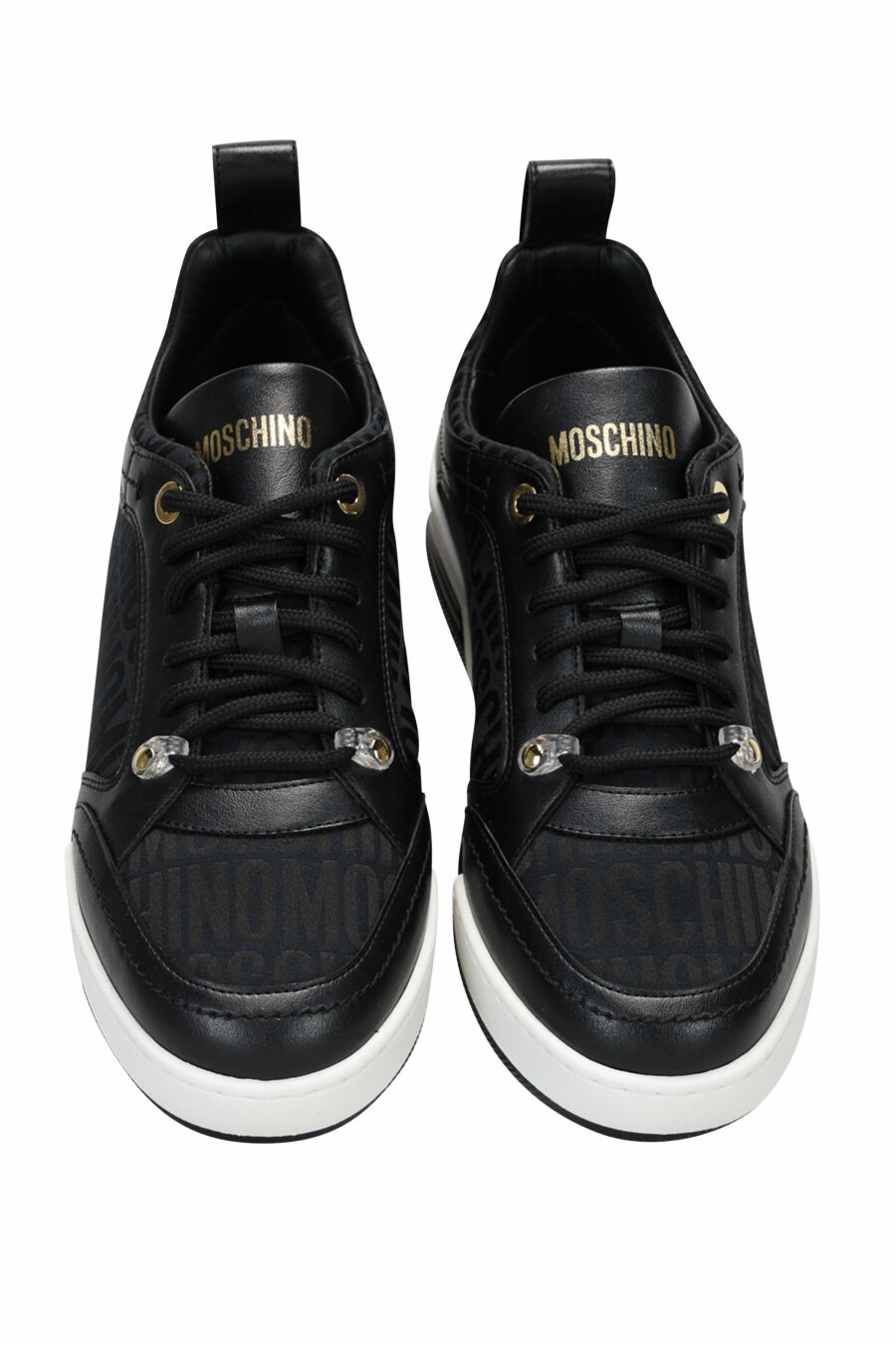 Black leather trainers with "all over logo" and white sole - 8054653835405 4