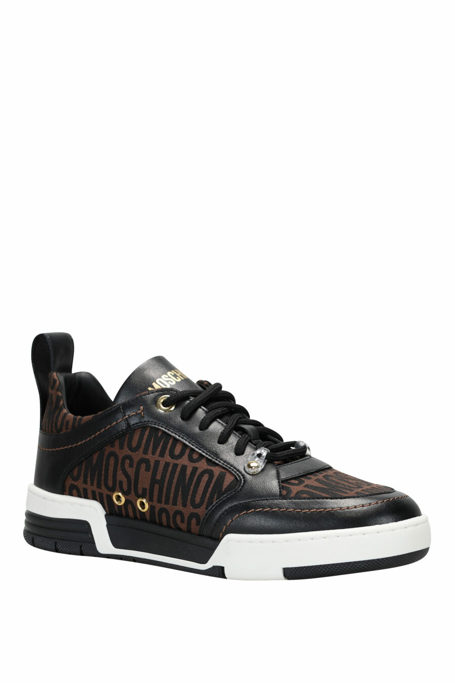 Brown and black leather trainers with "all over logo" and white sole - 8054653838109 1