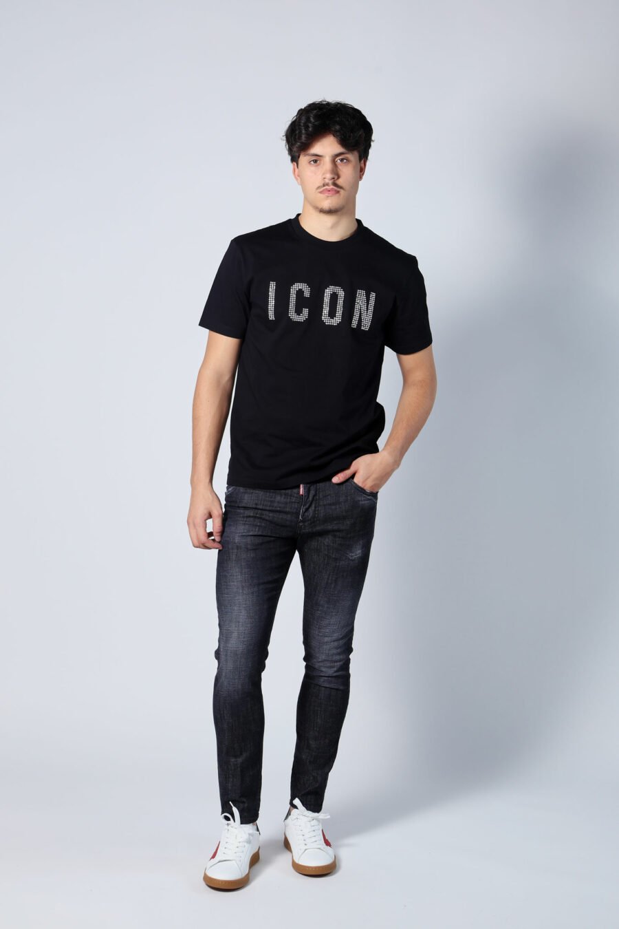 Black T-shirt with white checked "icon" logo - Untitled Catalog 05678