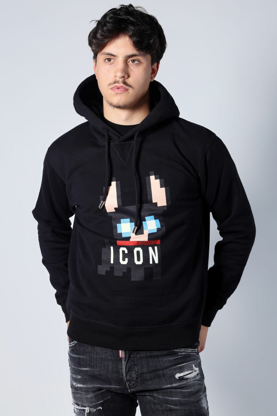 Black hooded sweatshirt with "pixeled" dog logo - Untitled Catalog 05683