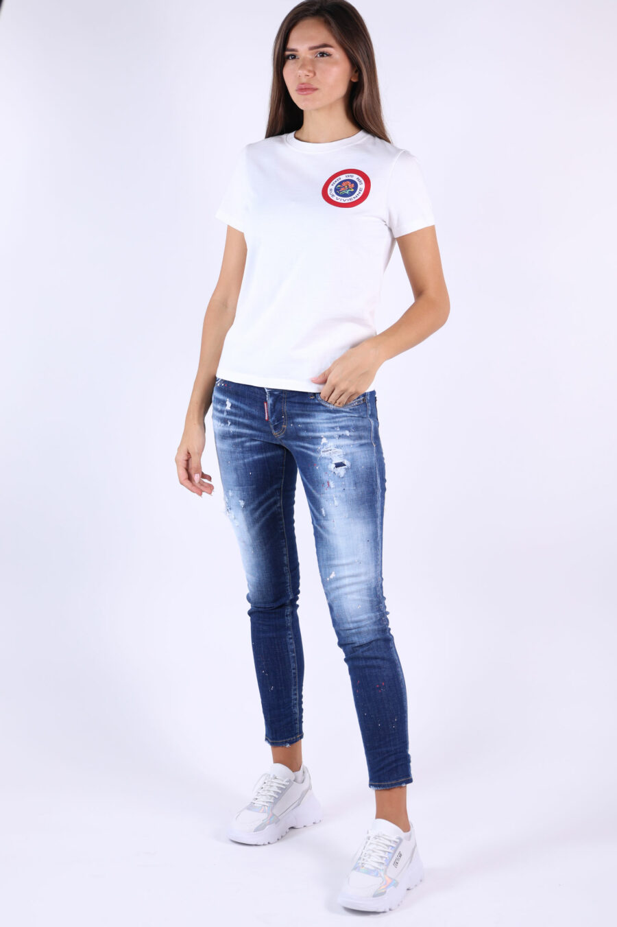 Weißes T-Shirt mit rundem Mini-Logo und Grafik auf dem Rücken - 361223054662201915