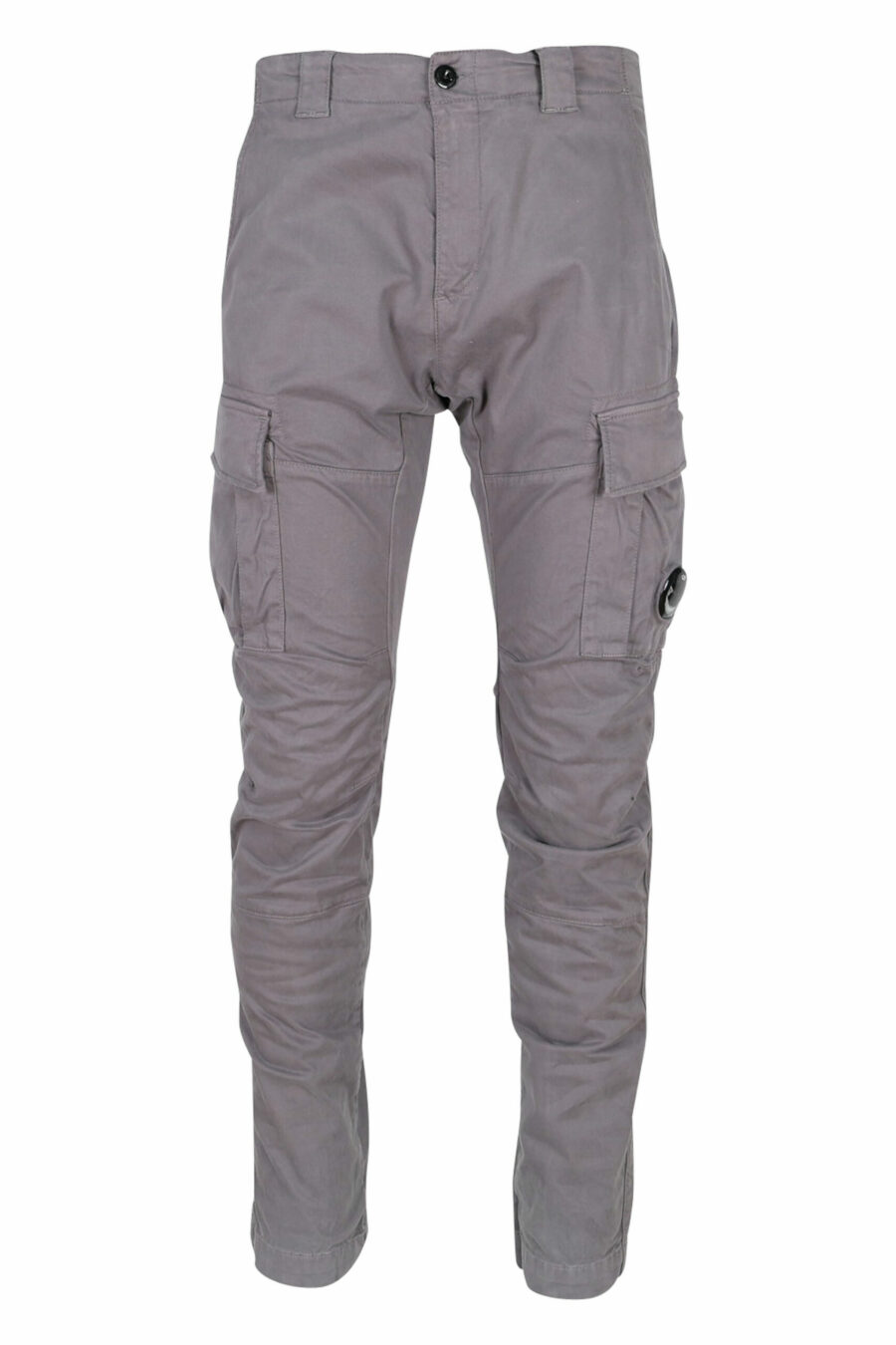 Pantalón gris marengo estilo cargo de satén elástico y logo lente - 7620943597400 scaled