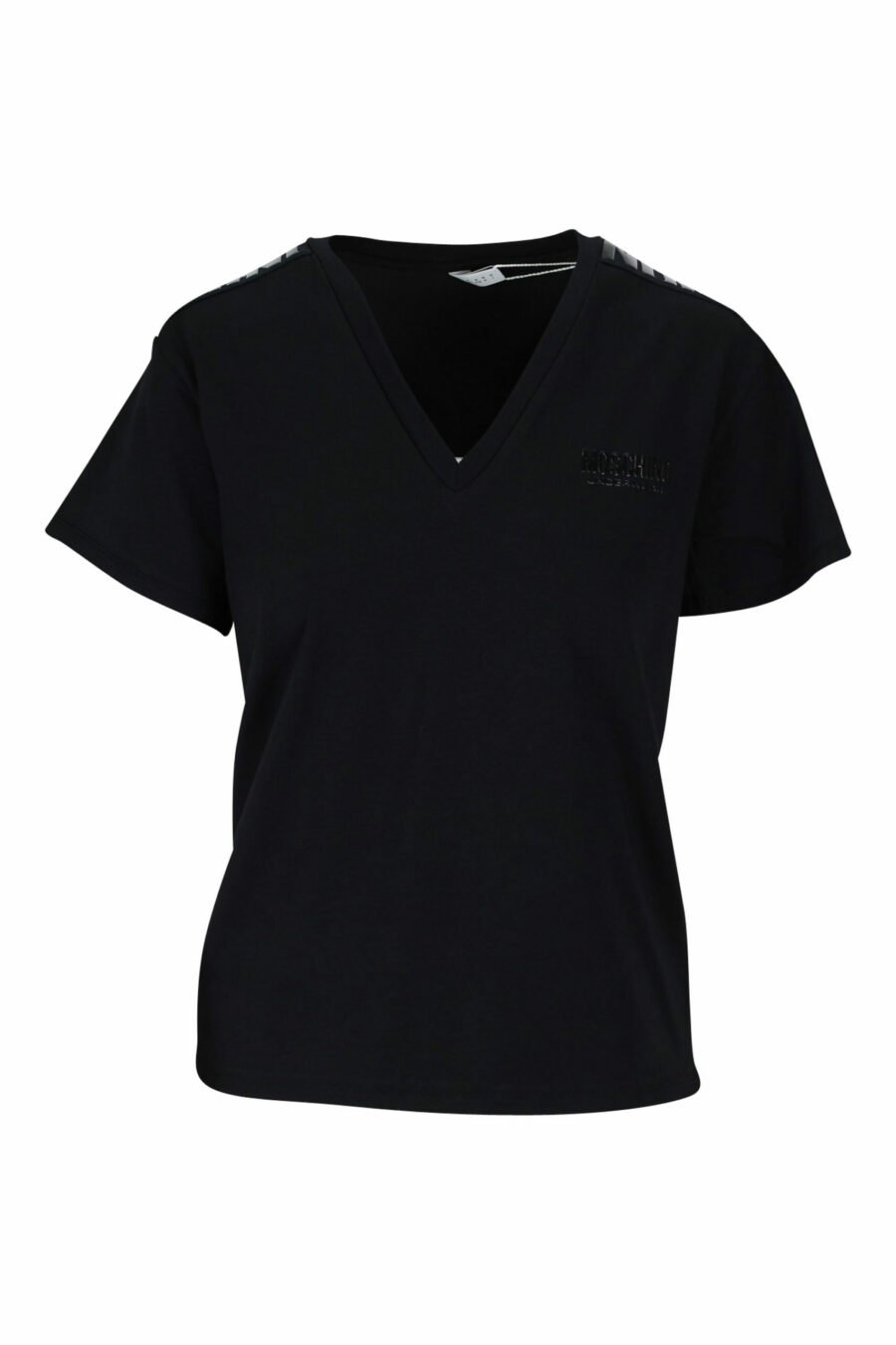 Schwarzes T-Shirt mit V-Ausschnitt und monochromem Bandlogo - 889316614954 skaliert