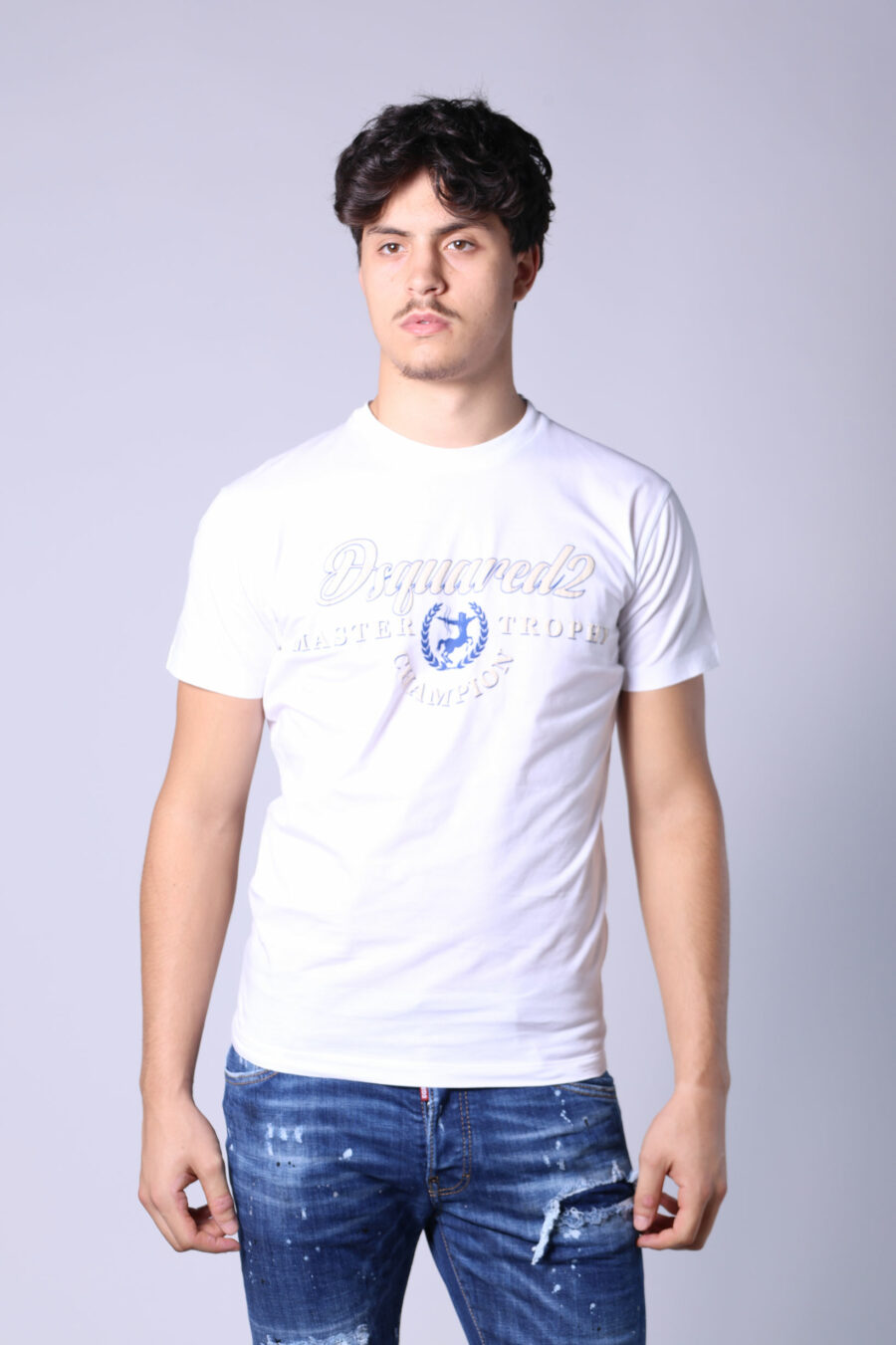 White T-shirt with white and blue maxilogue with shield - Untitled Catalog 05246