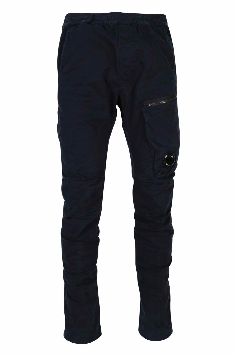 Pantalon en satin stretch bleu foncé avec poche latérale et lentille logo - 7620943578485 1 scaled