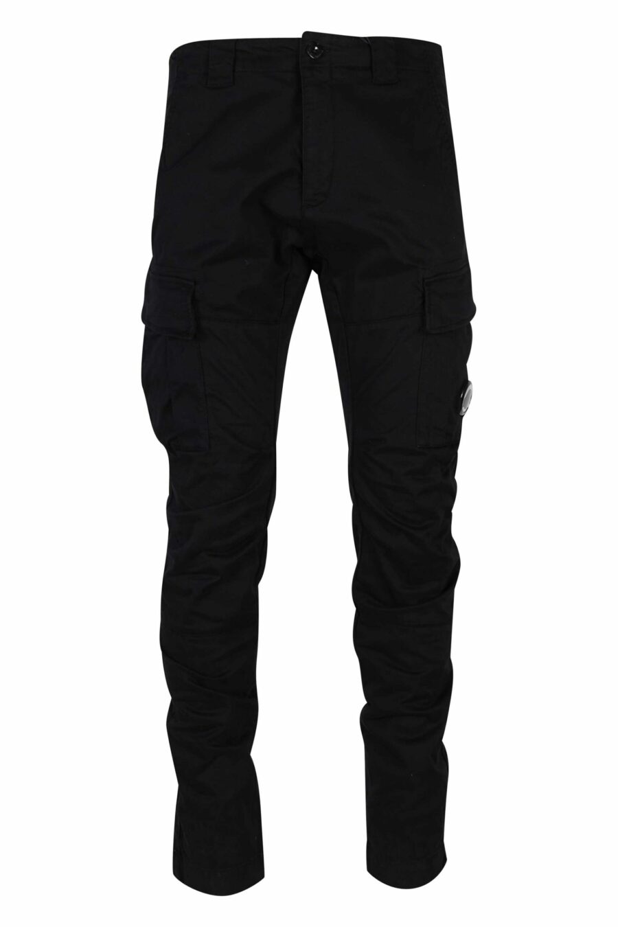 Pantalón negro estilo cargo de satén elástico y logo lente - 7620943597585 1 scaled