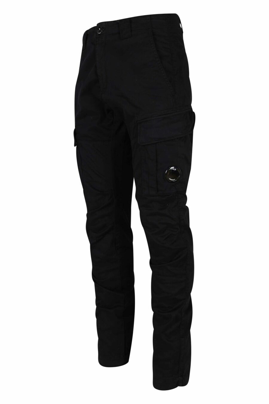 Pantalón negro estilo cargo de satén elástico y logo lente - 7620943597585 1 1 scaled