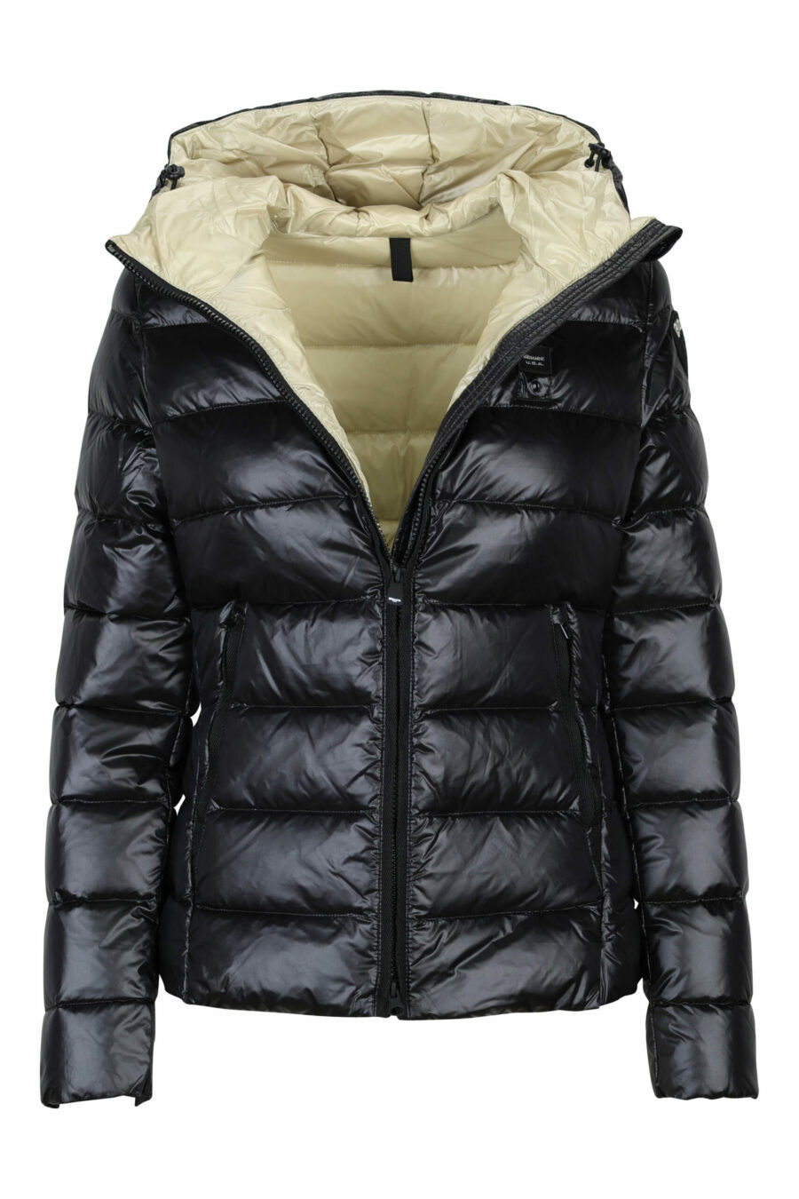 Black hooded jacket with straight lines with beige interior and logo patch - 8058610610302 1 scaled
