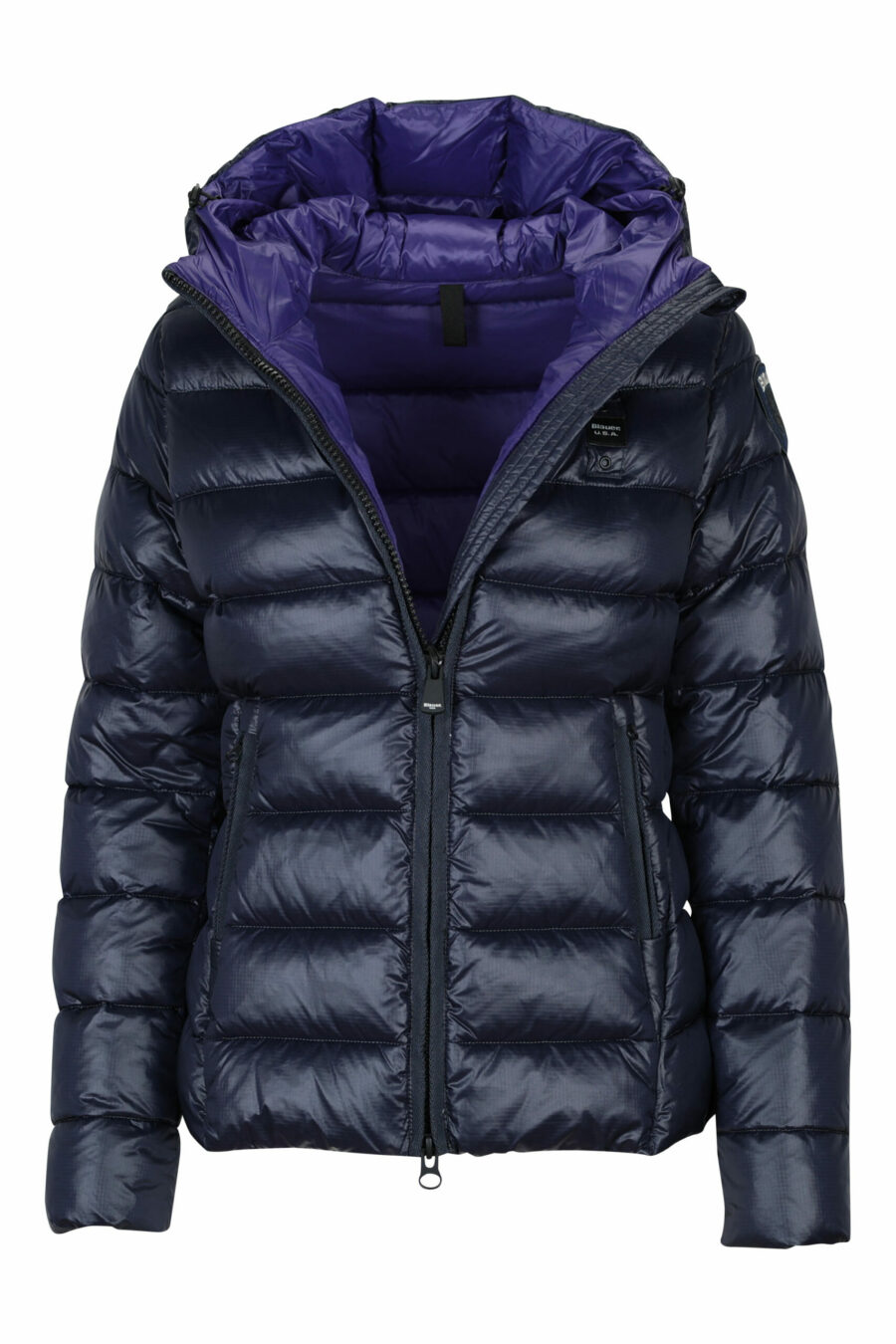 Blue straight lined hooded jacket with violet inside with logo patch - 8058610644932 1 scaled
