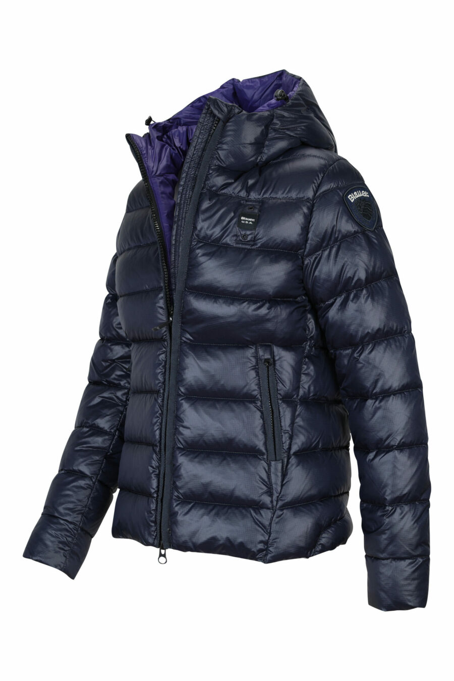 Blue straight lined hooded jacket with violet inside with logo patch - 8058610644932 2 scaled