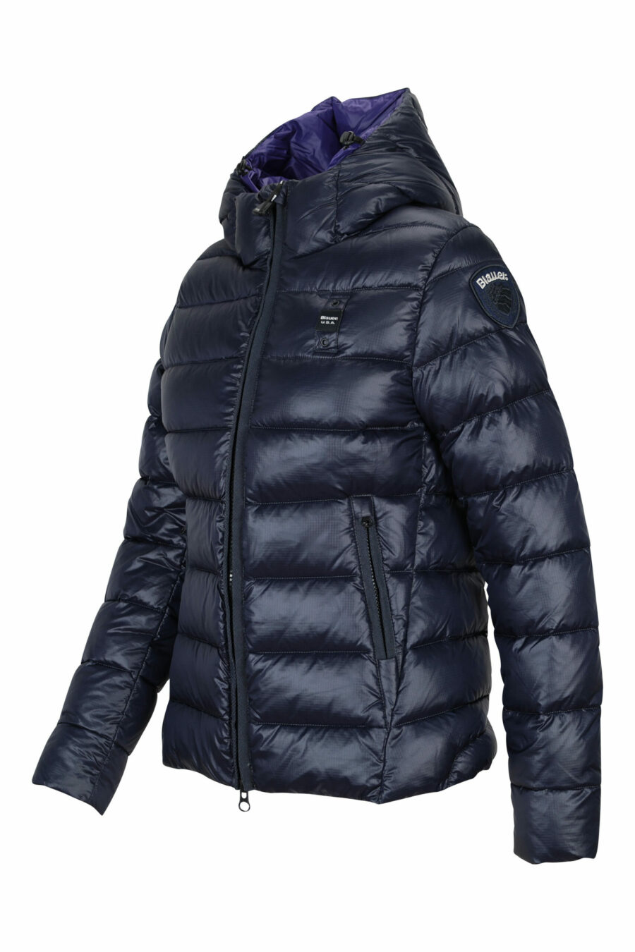 Blue straight lined hooded jacket with violet inside with logo patch - 8058610644932 3 scaled