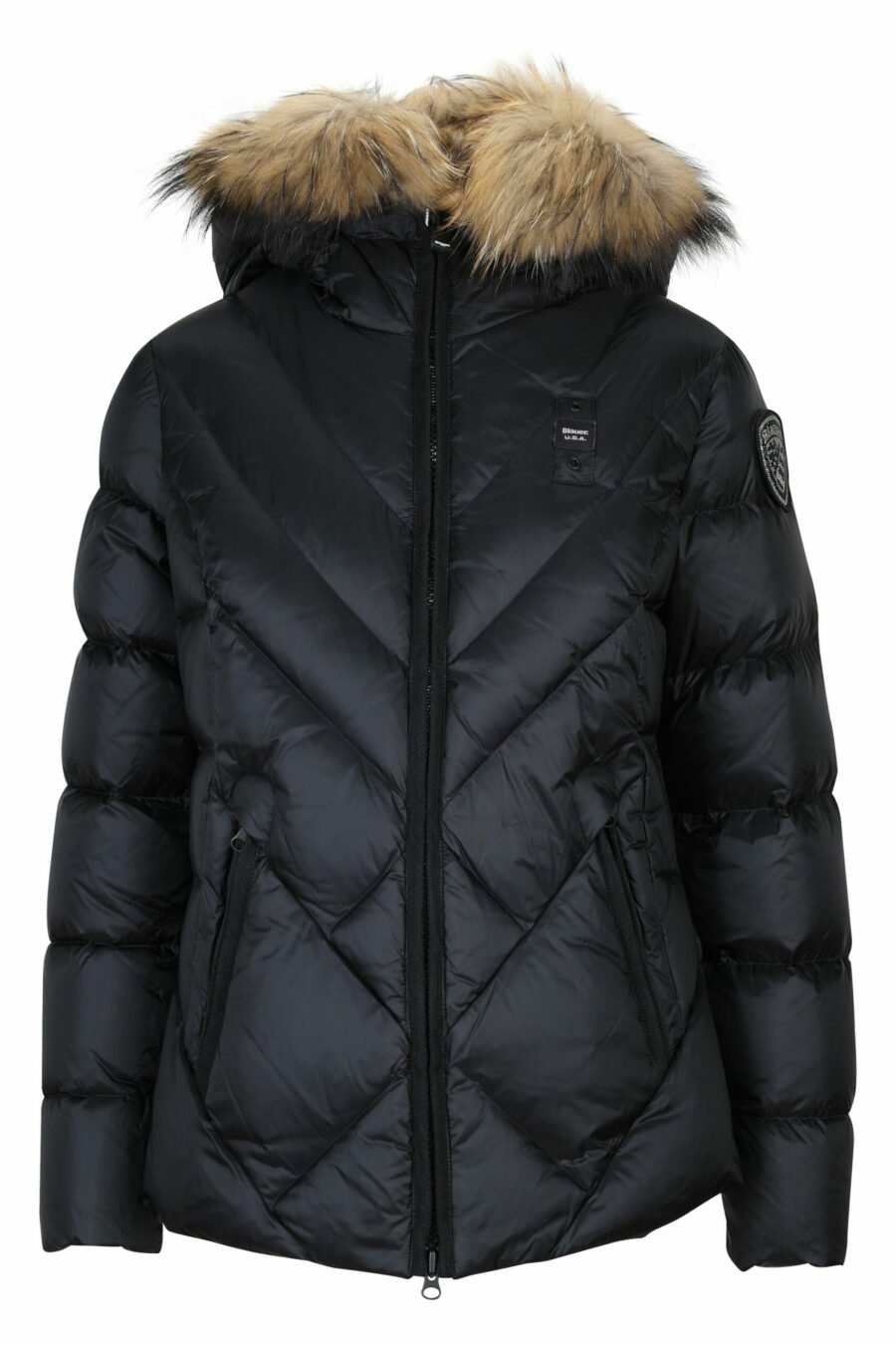 Black hooded fur hooded jacket with diagonal lines and beige lining - 8058610647070 scaled