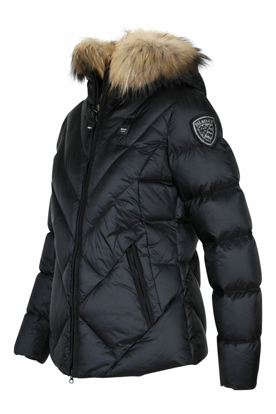 Black hooded jacket with fur hood and diagonal lines and beige lining - 8058610647070 1 scaled
