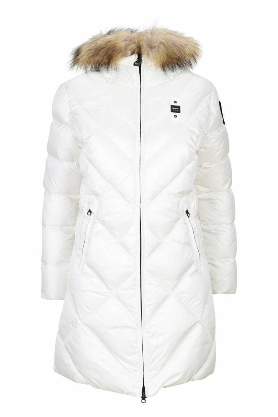 White waterproof hooded jacket with fur hood and diagonal lines with beige lining - 8058610650896 scaled