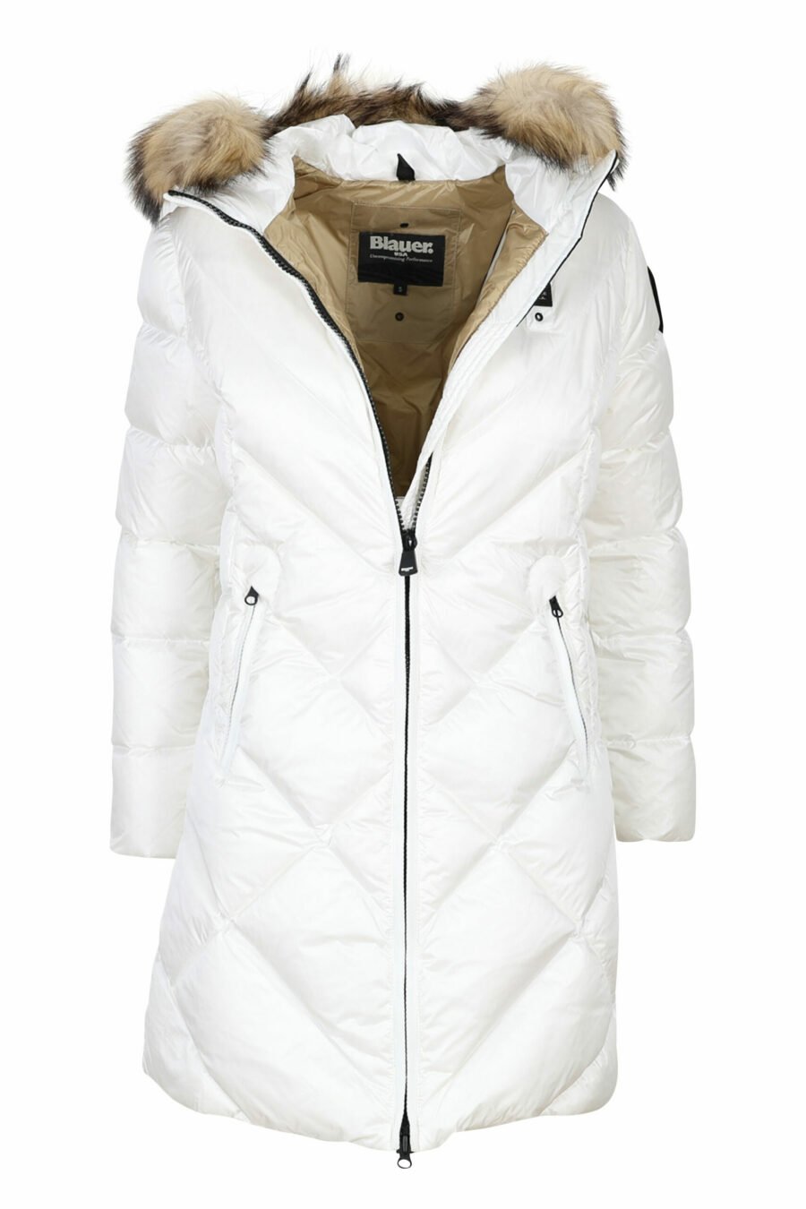 White waterproof hooded jacket with fur hood and diagonal lines with beige lining - 8058610650896 1 scaled