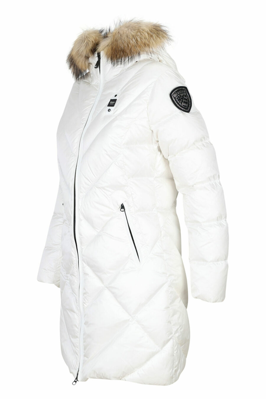 White waterproof hooded jacket with fur hood and diagonal lines with beige lining - 8058610650896 2 scaled