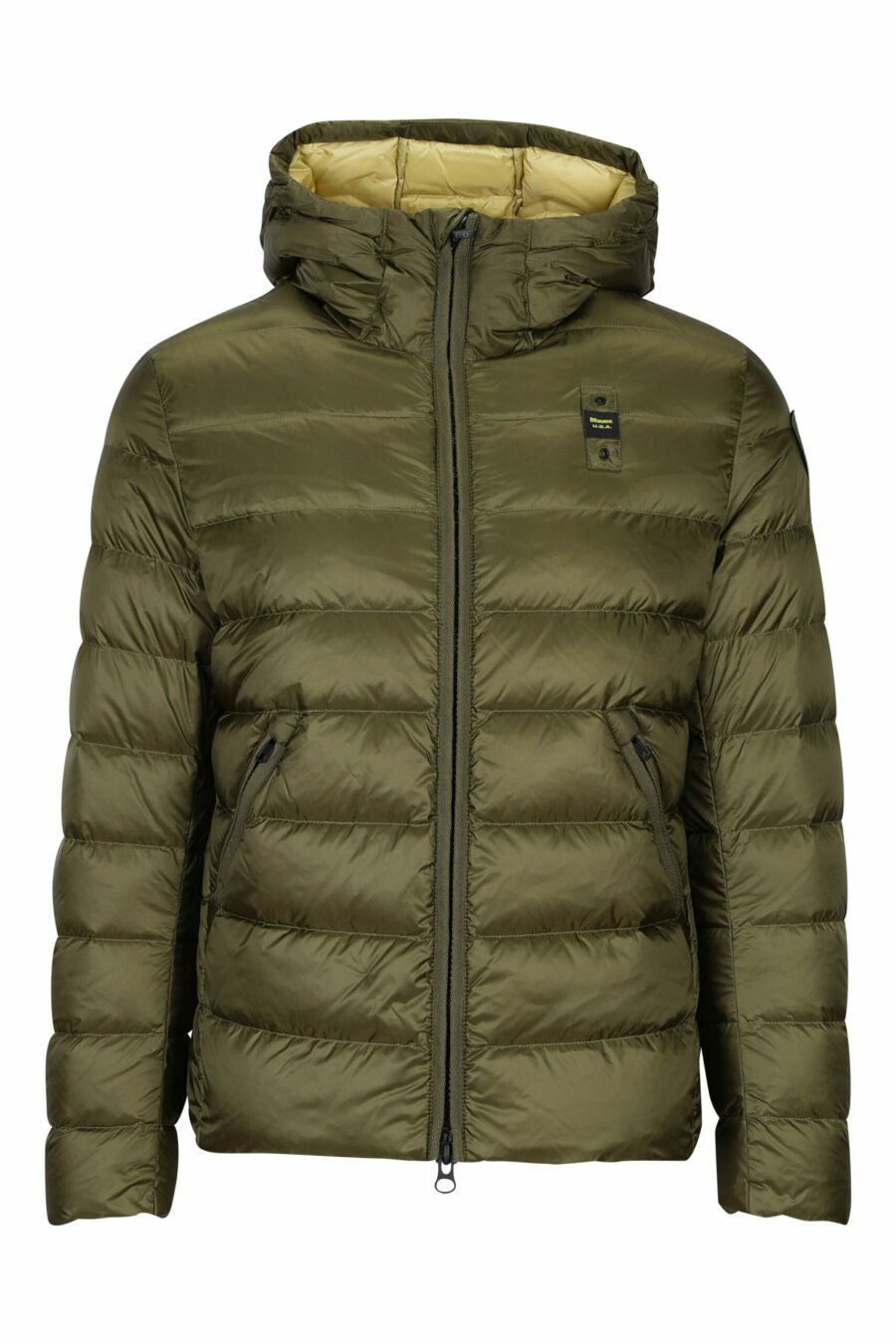 Military green hooded jacket with straight lines and yellow interior - 8058610657482 scaled
