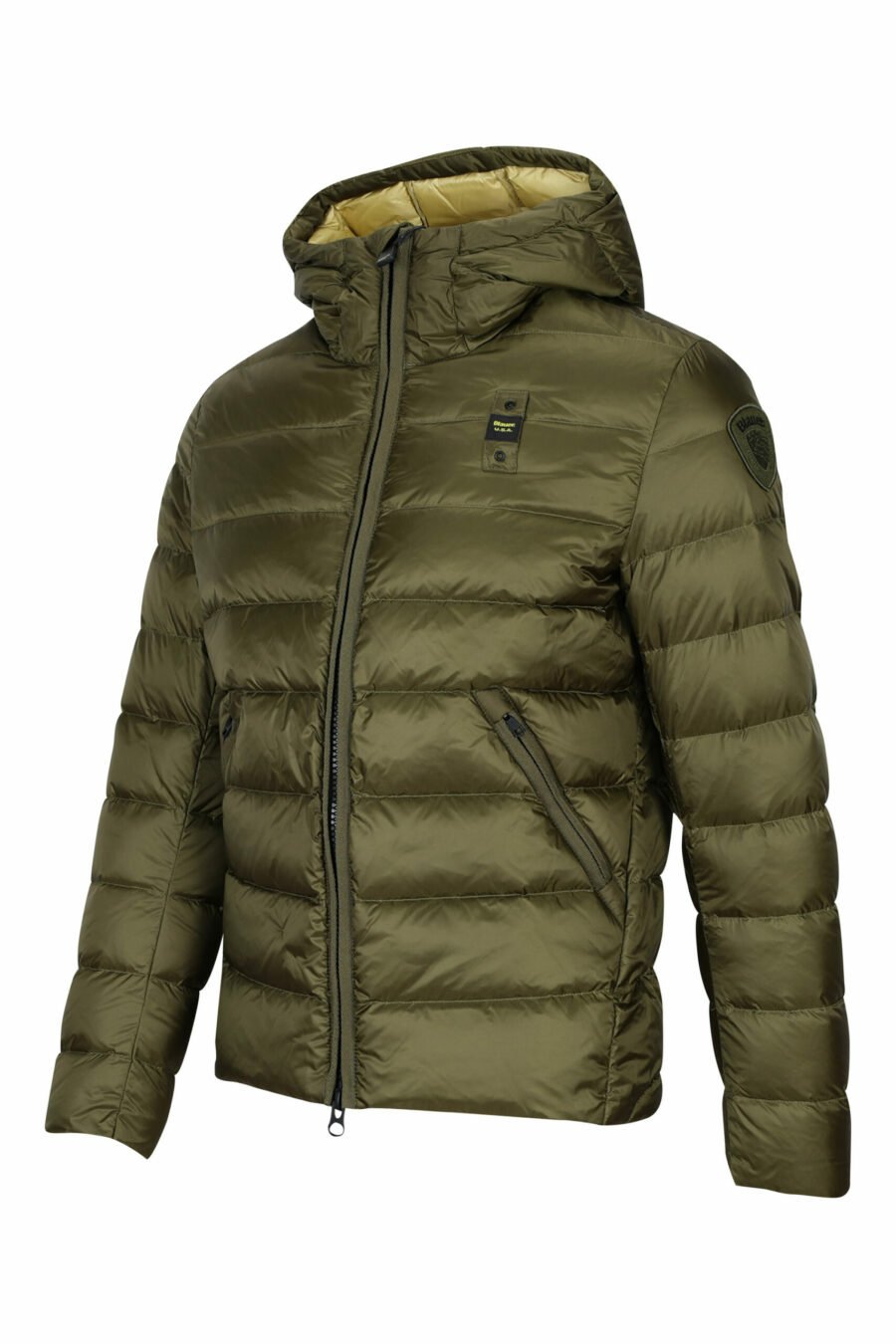 Military green hooded jacket with straight lines and yellow inside - 8058610657482 2 scaled