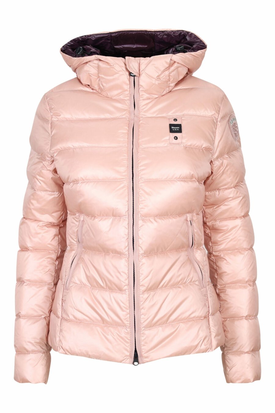 Pale pink hooded straight lined hooded jacket with purple inside and logo patch - 8058610673321 scaled