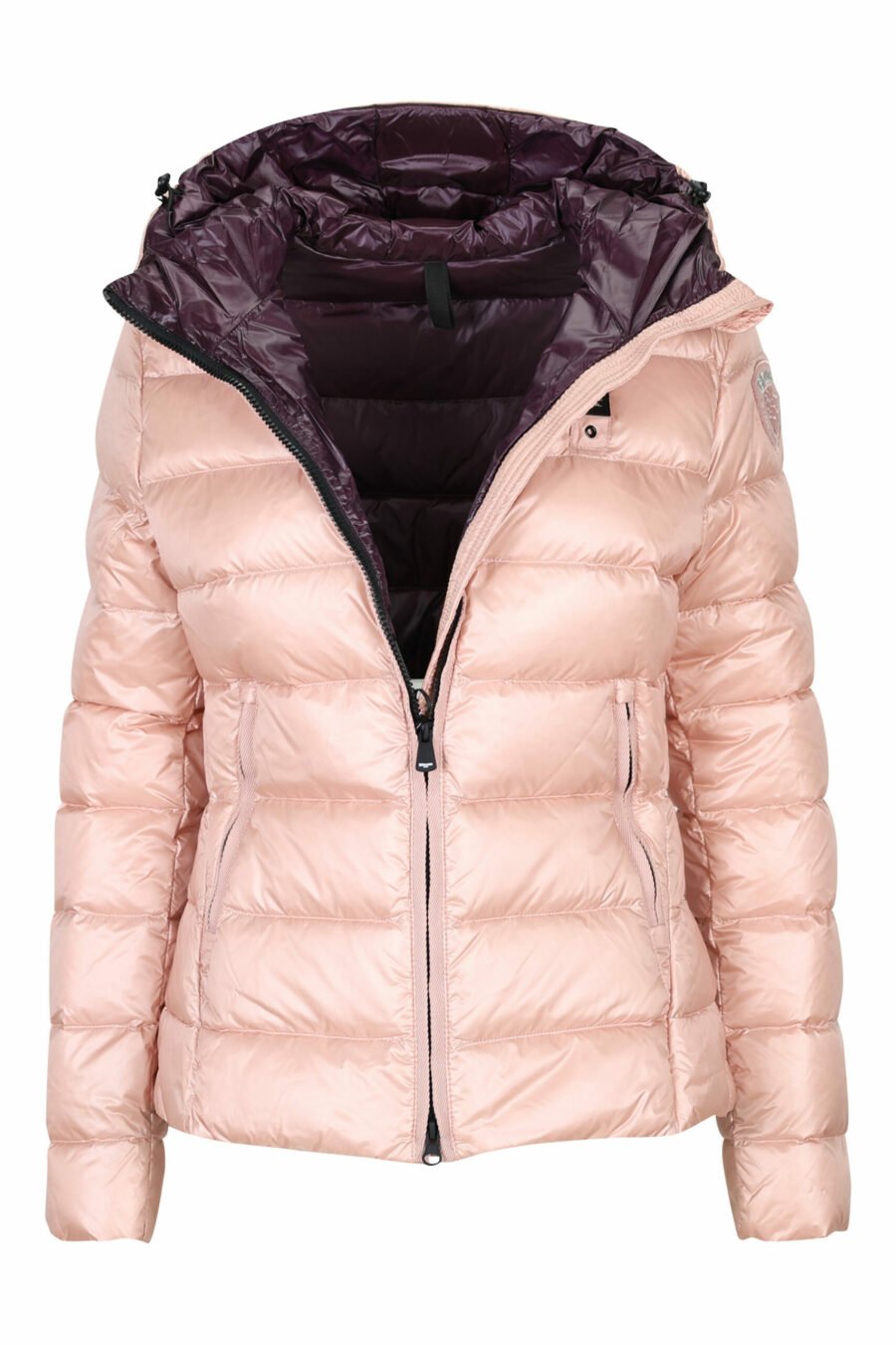 Pale pink hooded jacket with straight lines with purple inside and logo patch - 8058610673321 1 scaled
