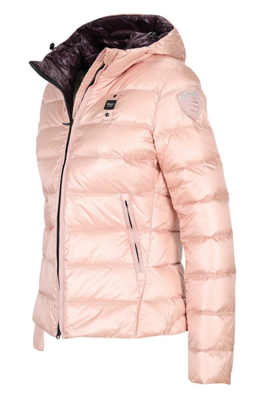 Pale pink hooded jacket with straight lines with purple inside and logo patch - 8058610673321 2 scaled