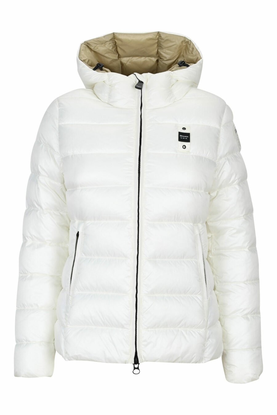White straight lined hooded jacket with beige inside with logo patch - 8058610675653 scaled