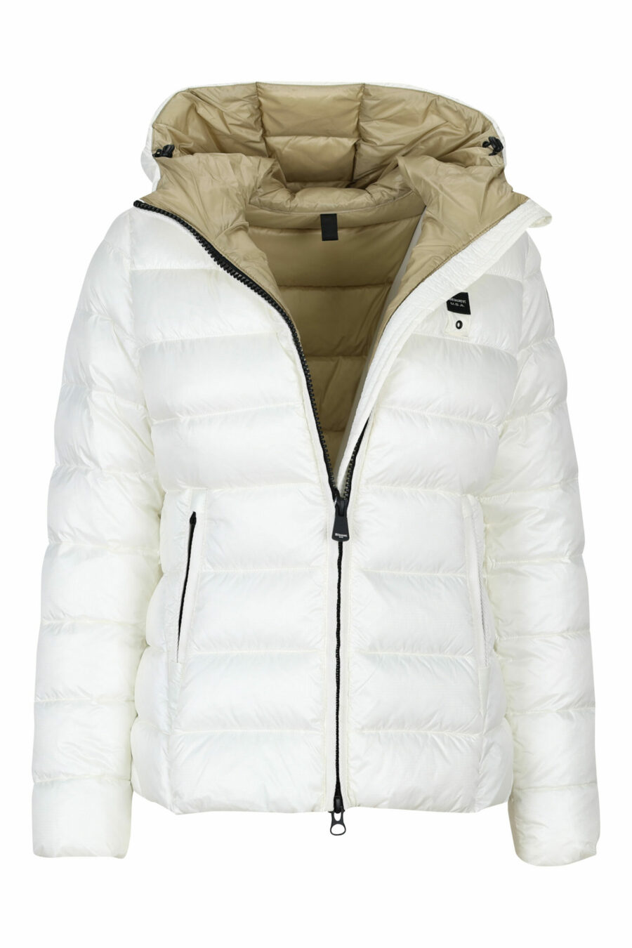 White straight lined hooded jacket with beige inside with logo patch - 8058610675653 1 scaled