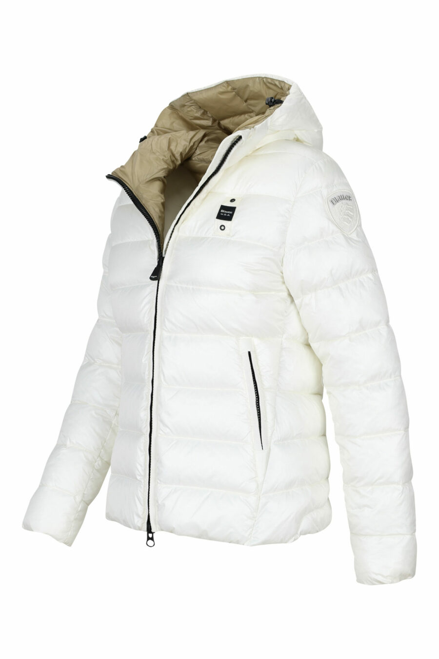 White straight lined hooded jacket with beige inside with logo patch - 8058610675653 2 scaled