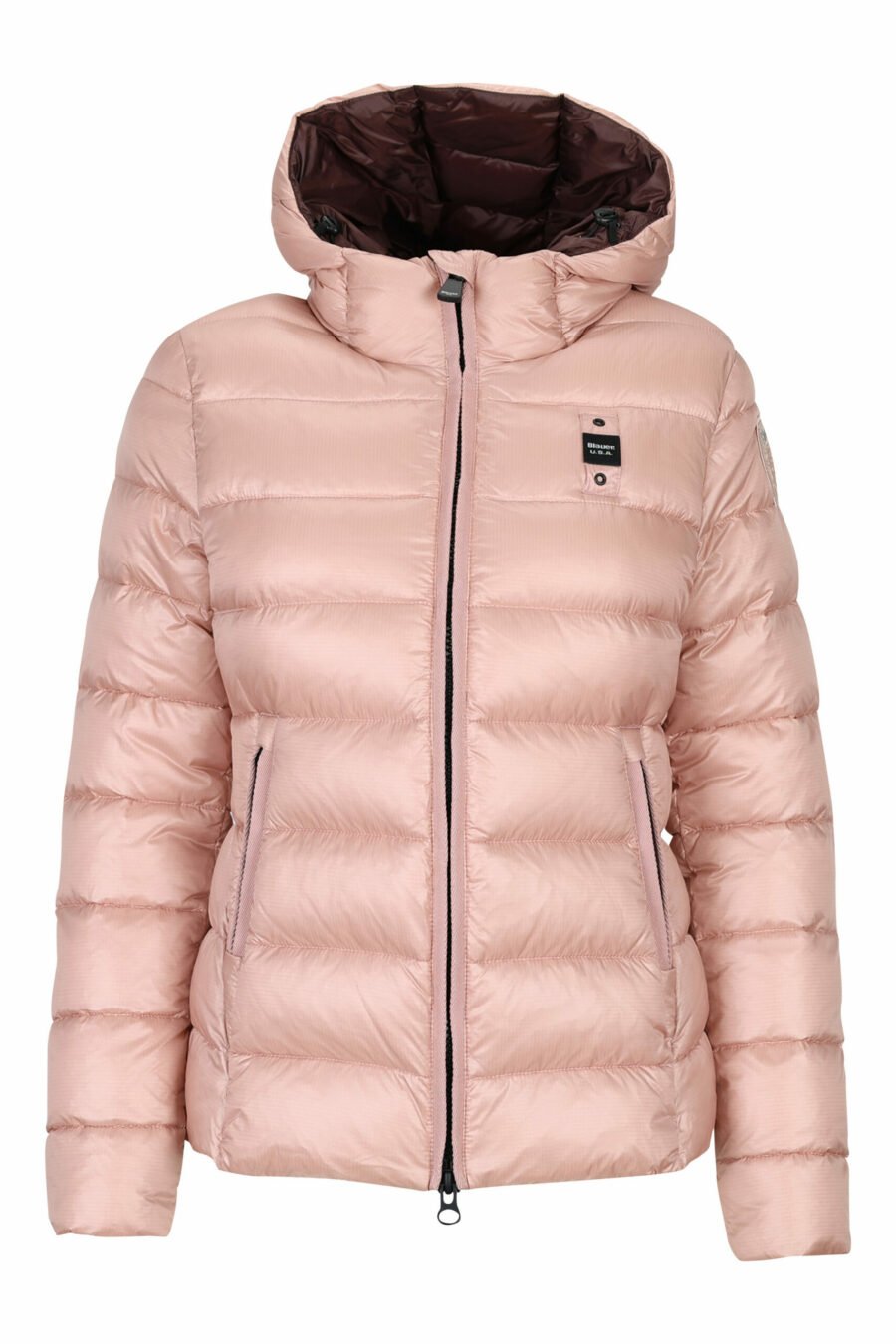 Pale pink straight lined hooded jacket with purple inside with logo patch - 8058610675660 scaled