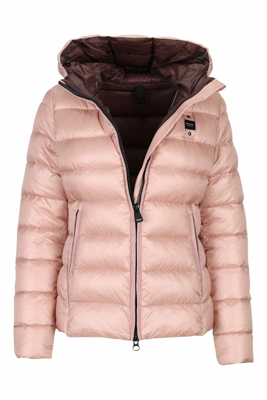 Pale pink straight lined hooded jacket with purple inside with logo patch - 8058610675660 1 scaled