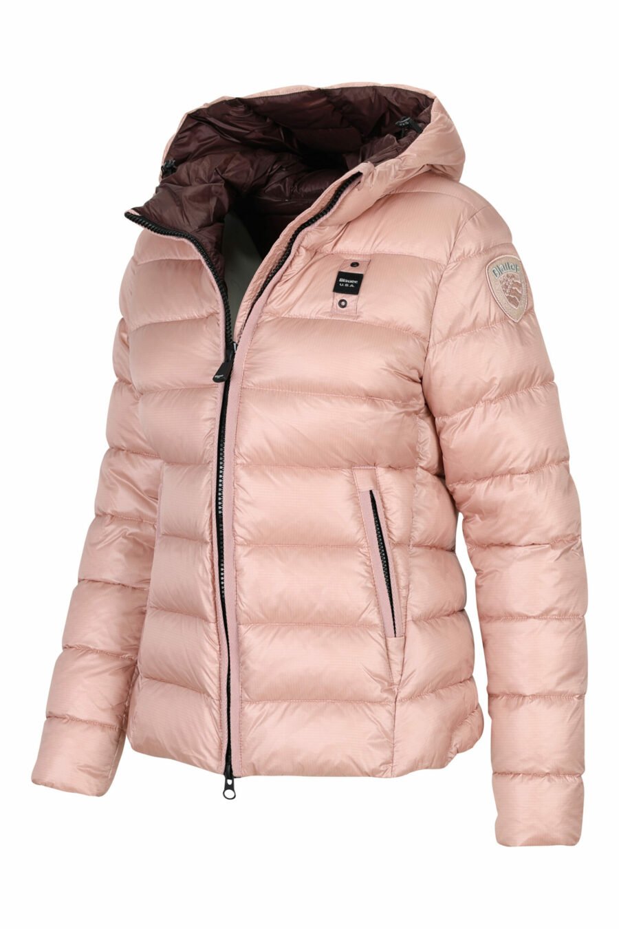 Pale pink straight lined hooded jacket with purple inside with logo patch - 8058610675660 2 scaled