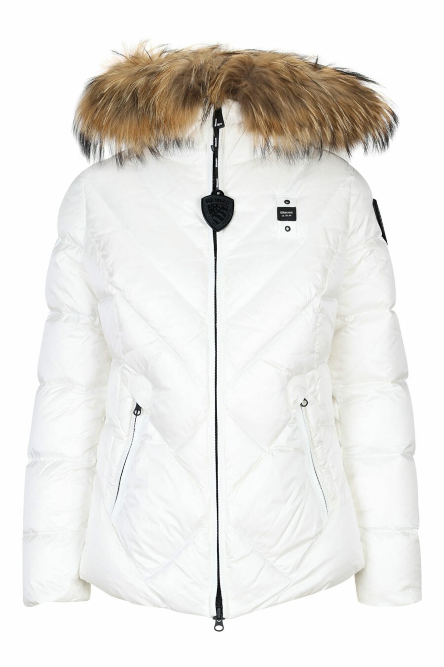 White hooded jacket with fur hood and diagonal lines and beige lining - 8058610678791 scaled