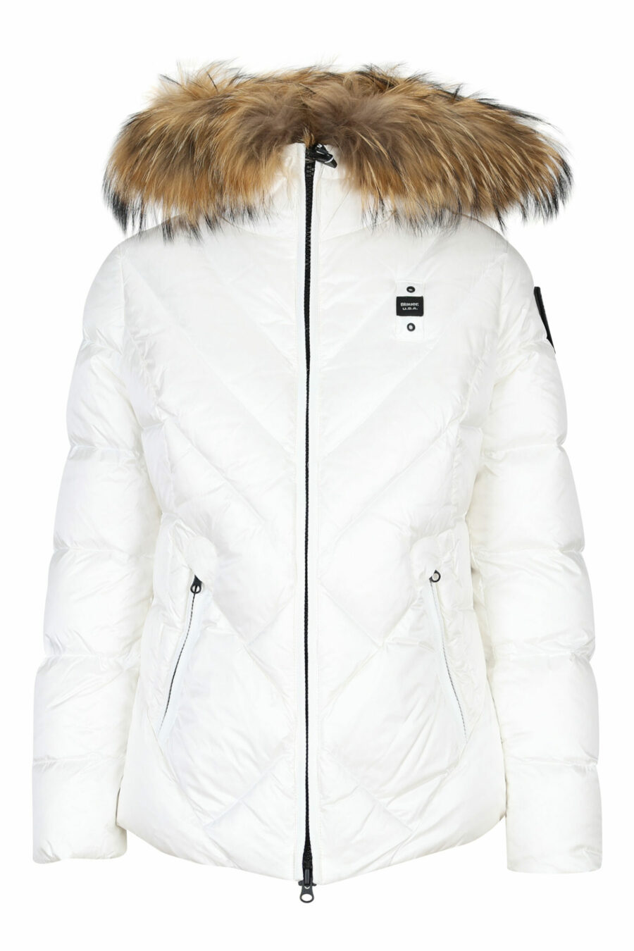 White hooded jacket with fur hood and diagonal lines and beige lining - 8058610678791 1 scaled