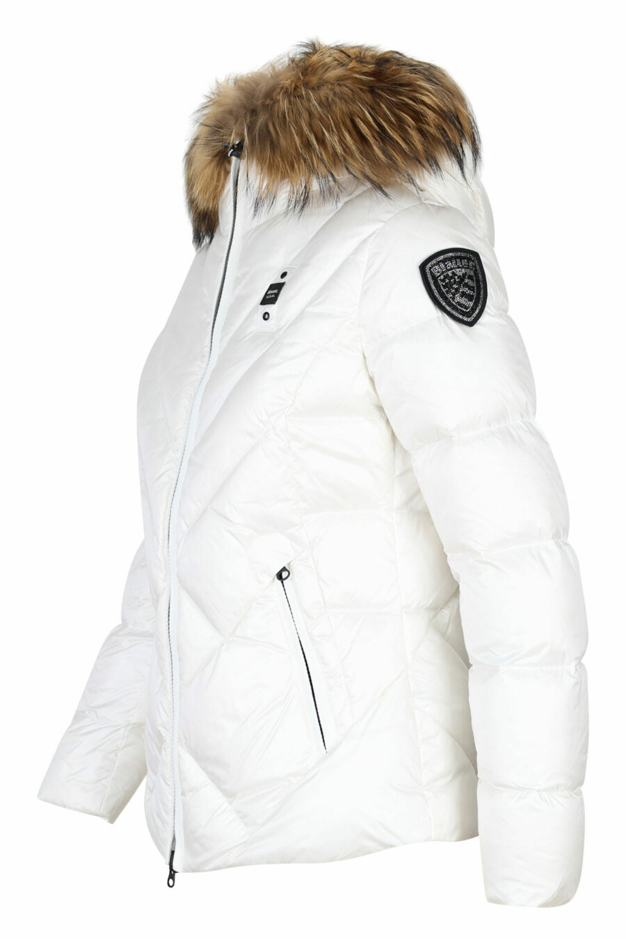 White hooded jacket with fur hood and diagonal lines and beige lining - 8058610678791 2 scaled