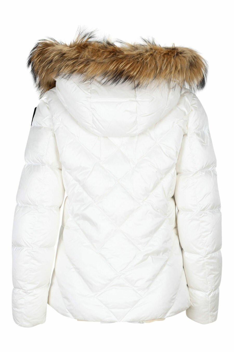 White hooded jacket with fur hood and diagonal lines and beige lining - 8058610678791 3 scaled