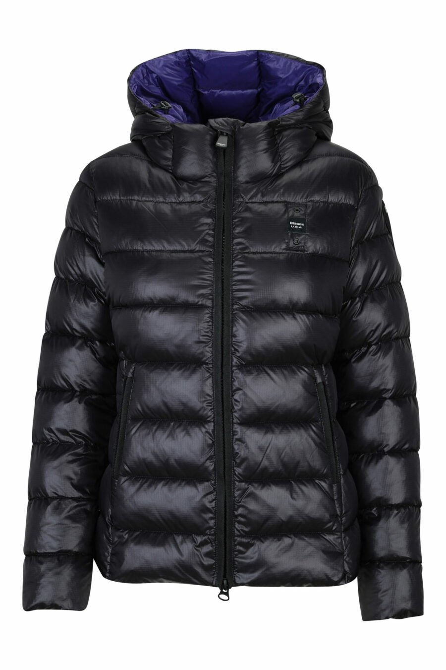 Black straight lined hooded jacket with purple inside with logo patch - 8058610683146 scaled