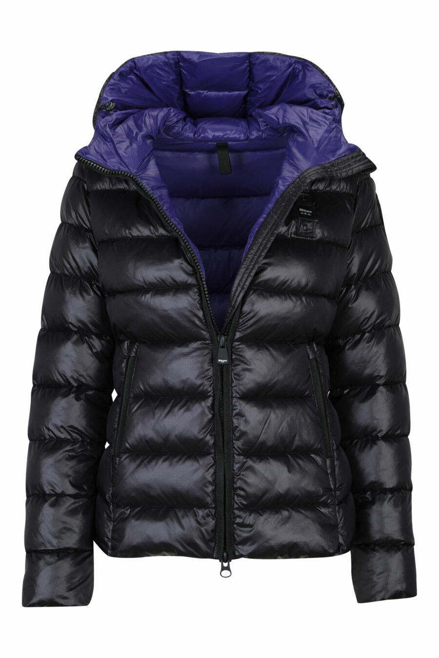 Black straight lined hooded jacket with purple inside with logo patch - 8058610683146 1 scaled