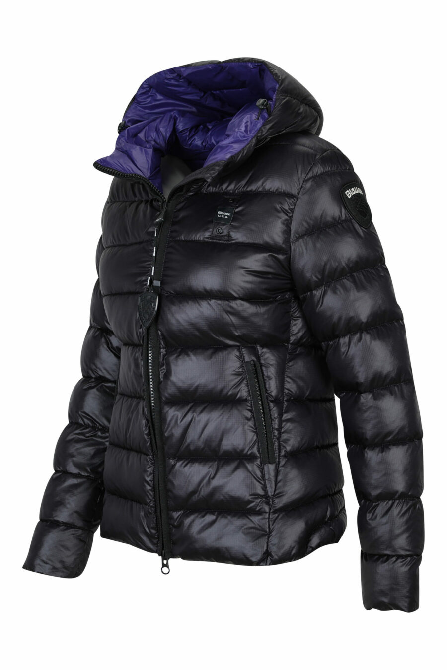 Black straight lined hooded jacket with purple inside with logo patch - 8058610683146 2 scaled