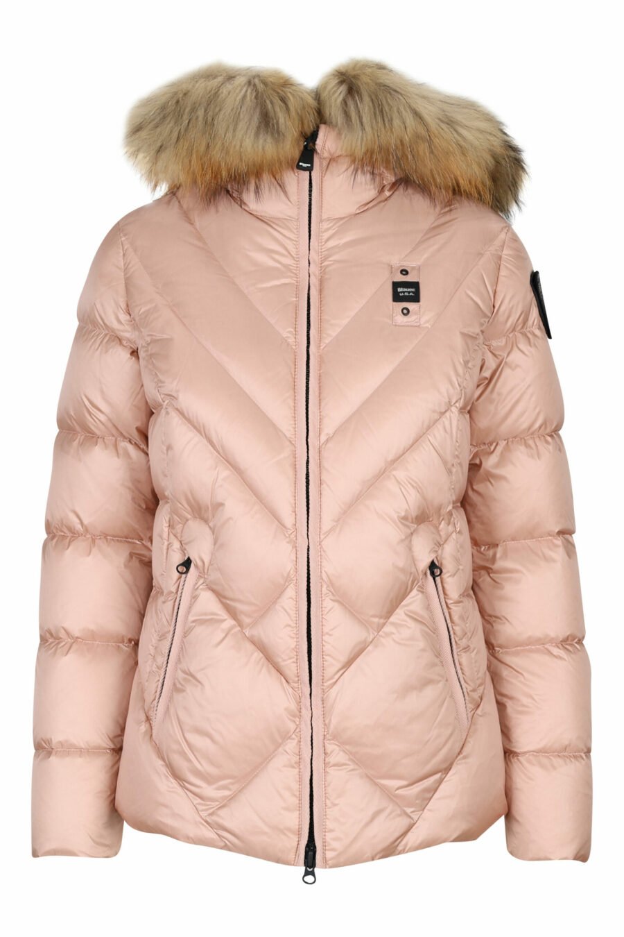 Pale pink hooded jacket with fur hood and diagonal lines and violet lining - 8058610691691 scaled