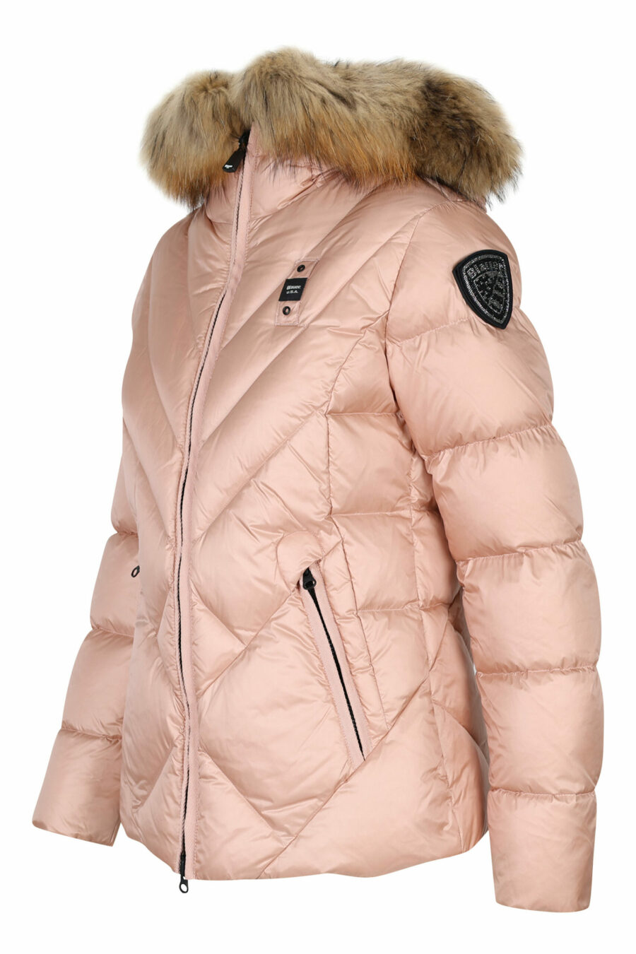 Pale pink hooded jacket with fur hood and diagonal lines and violet lining - 8058610691691 1 scaled