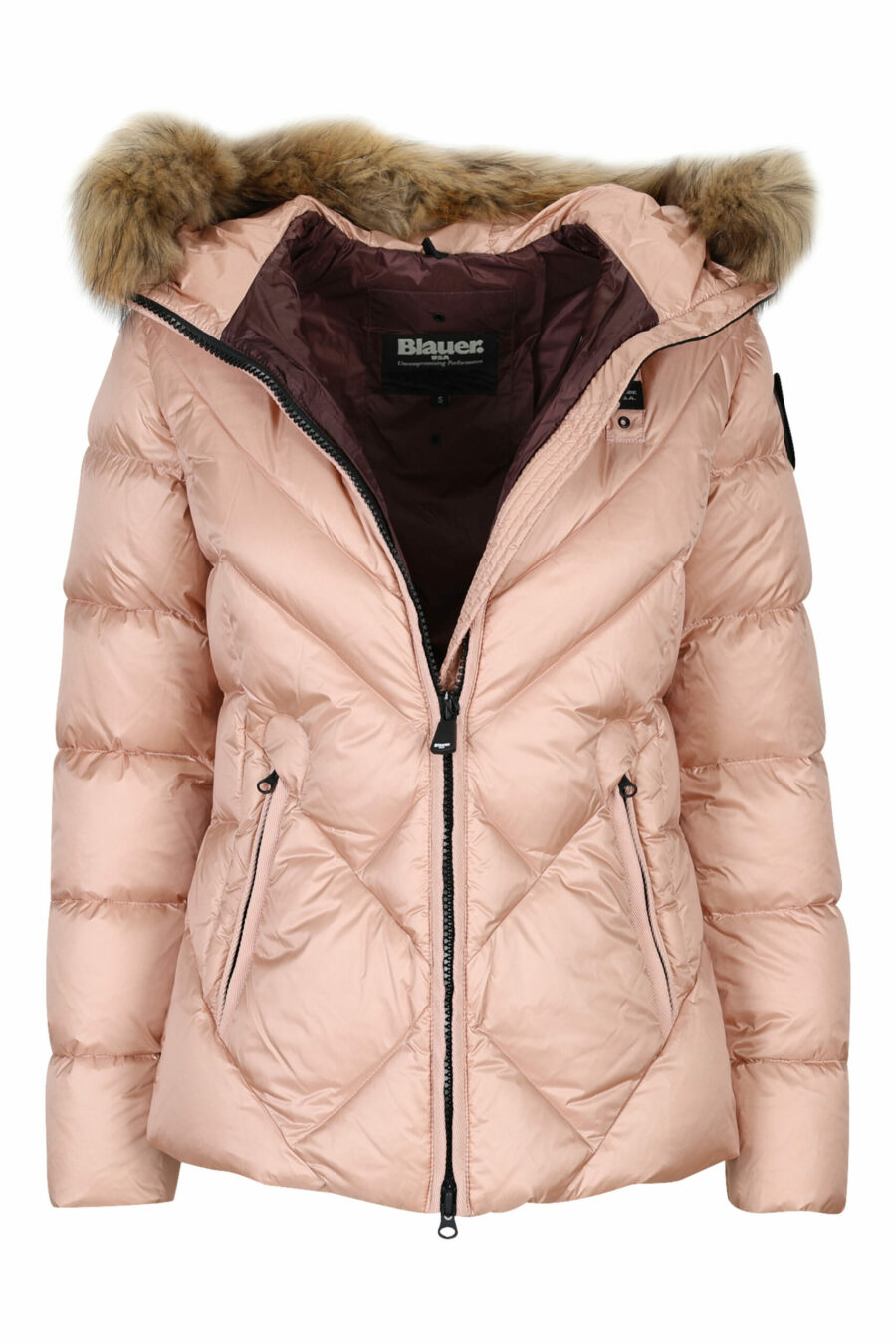 Pale pink hooded jacket with fur hood and diagonal lines and violet lining - 8058610691691 3 scaled